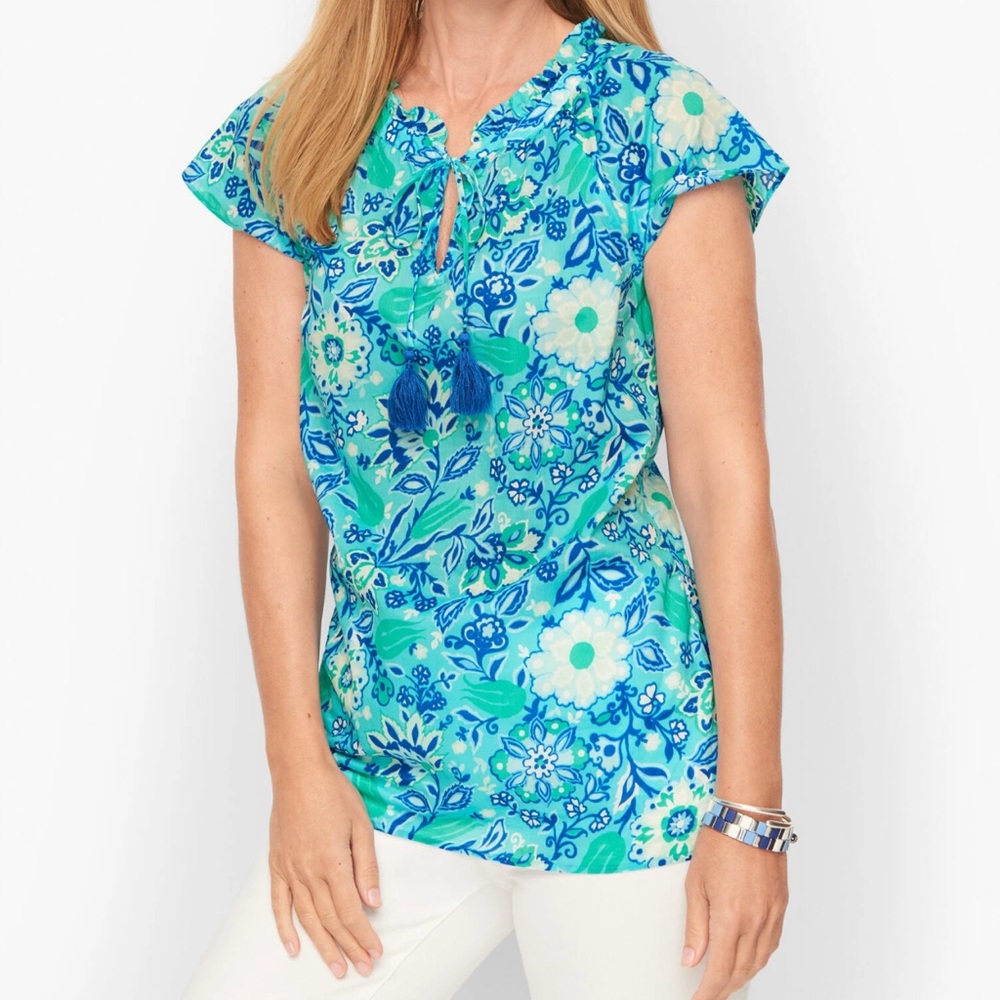 Talbots Romantic And Beautiful Blue And Green Print Blouse Medium Casual